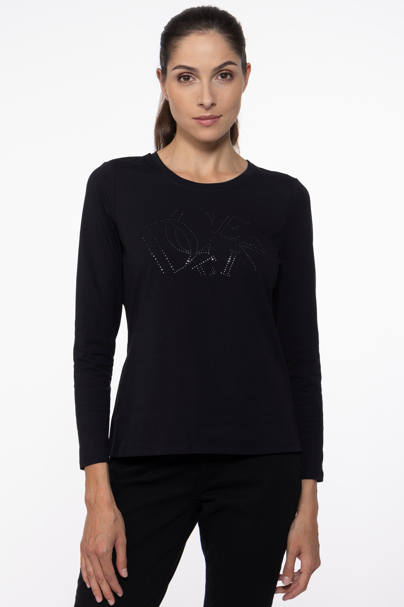 Czarny t-shirt z długim rękawem z ozdobnym napisem