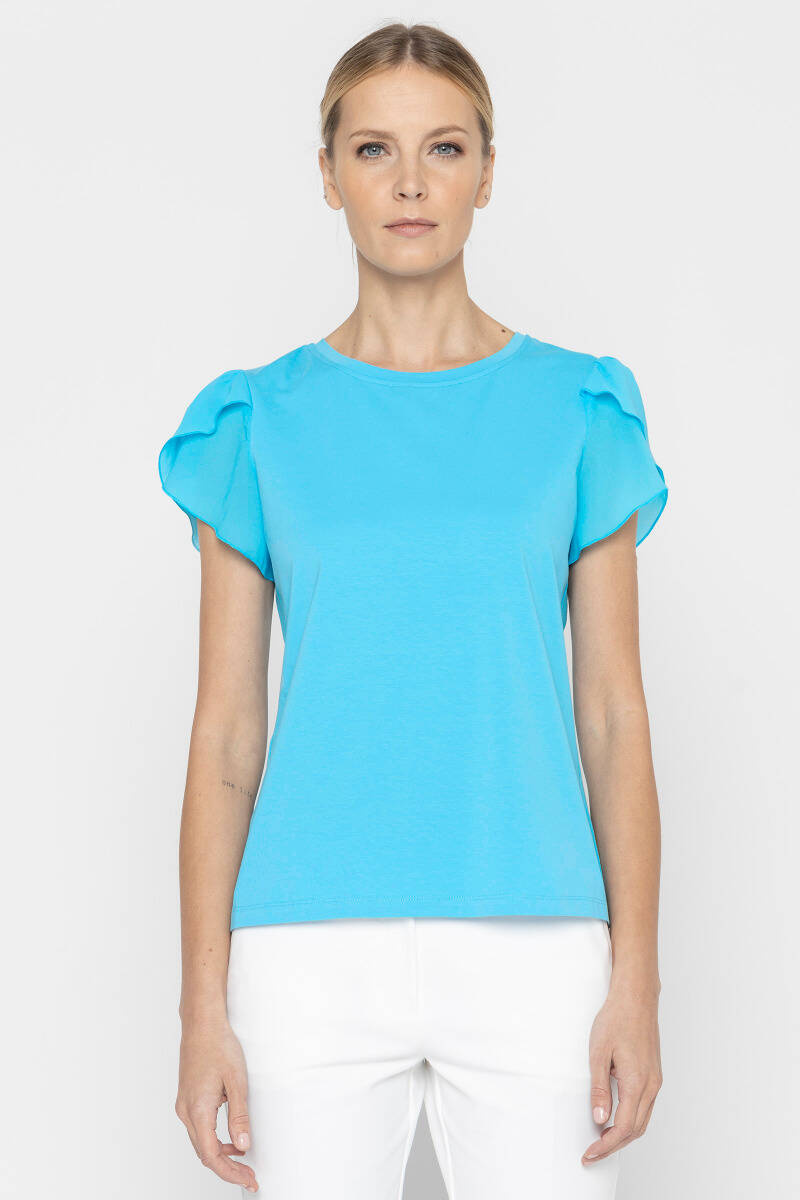 Turkusowy t-shirt z ozdobnymi rękawami