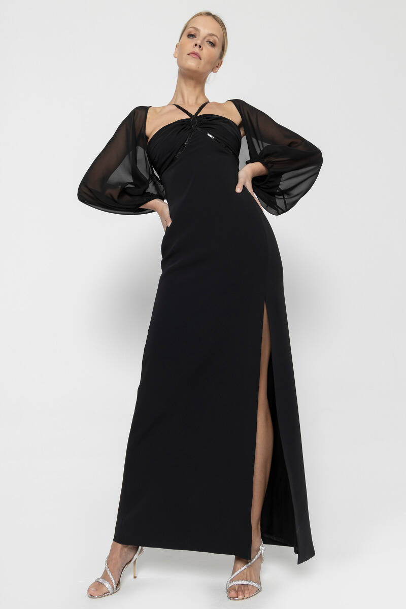 Czarna długa suknia z narzutką w komplecie