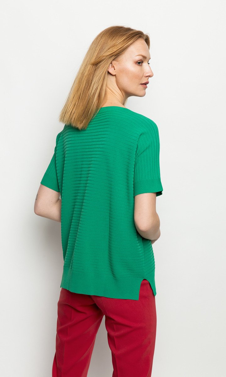 Zielony, cienki sweter z krótkim rękawem w prążki